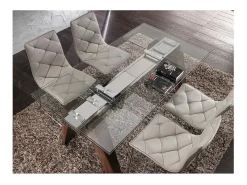 Mesa de comedor extensible 160/240 cm con tablero de cristal y patas de nogal macizo Karone