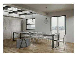 Mesa de comedor extensible tiroz-Color Gris cemento-Soporte 4 pies-5 alargaderas finas-Ancho extensible