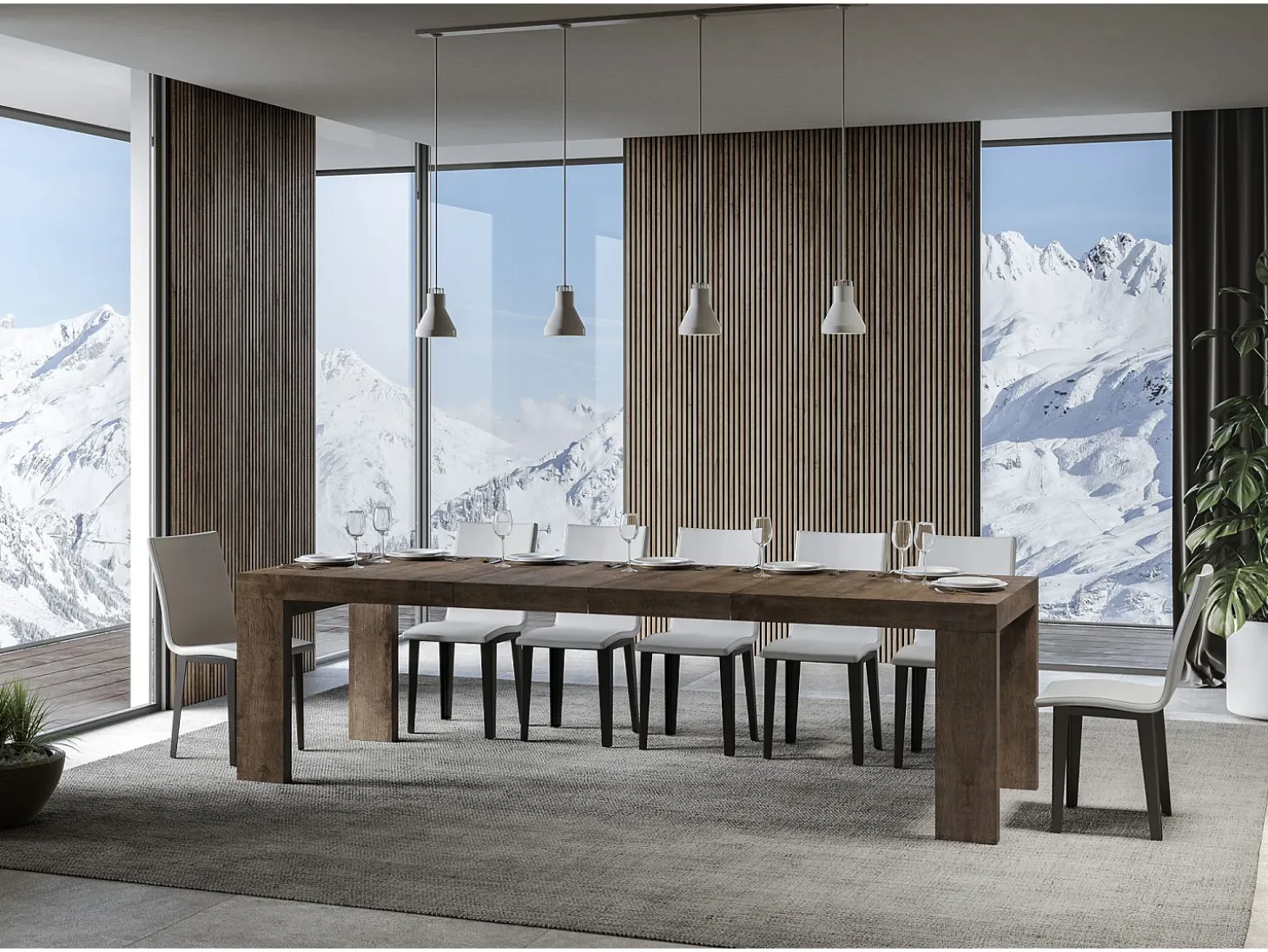 Mesa de comedor extensible de madera Ribo-Color Marrón-Soporte 2 pies-Alargaderas -Ancho extensible