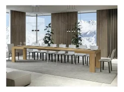Mesa de comedor extensible de madera Ribo-Color Natural-Base y soporte con ruedas-5 alargaderas finas-Ancho extensible