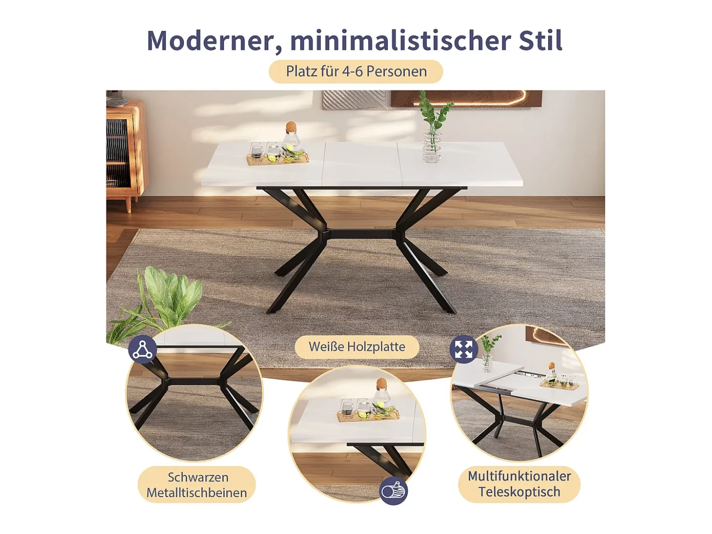 Mesa de comedor extensible para 4 a 6 cubiertos - L 120/160 x W 80 x H 75 cm - Madera MDF y metal - Blanco