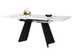 Mesa de comedor extensible - 99-159 x 74 x 77 cm - Tablero efecto mármol - Patas de MDF y metal - Blanco + negro