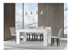 Mesa de comedor extensible de madera Ribo-Color Blanco-Soporte 4 pies-5 alargaderas finas-Ancho extensible