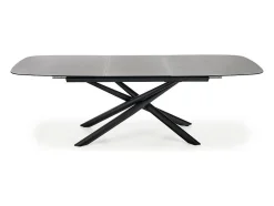 Mesa de comedor extensible con tablero de cristal gris oscuro y pata central de acero negro con diseño Chambord