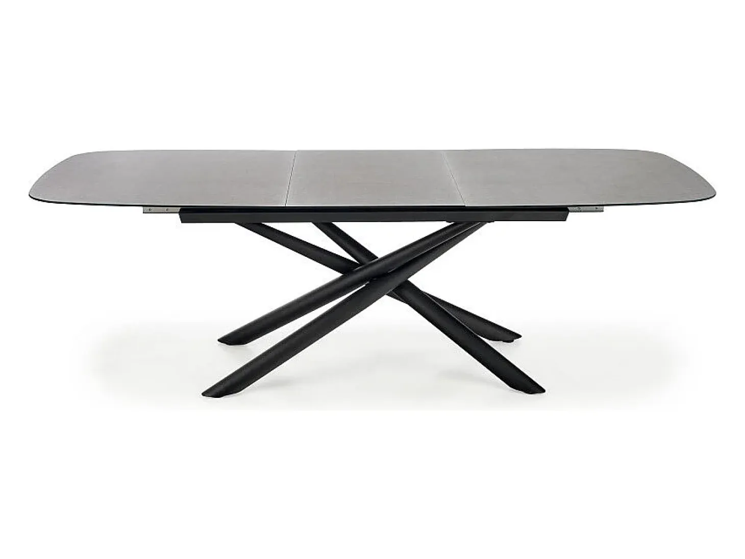 Mesa de comedor extensible con tablero de cristal gris oscuro y pata central de acero negro con diseño Chambord