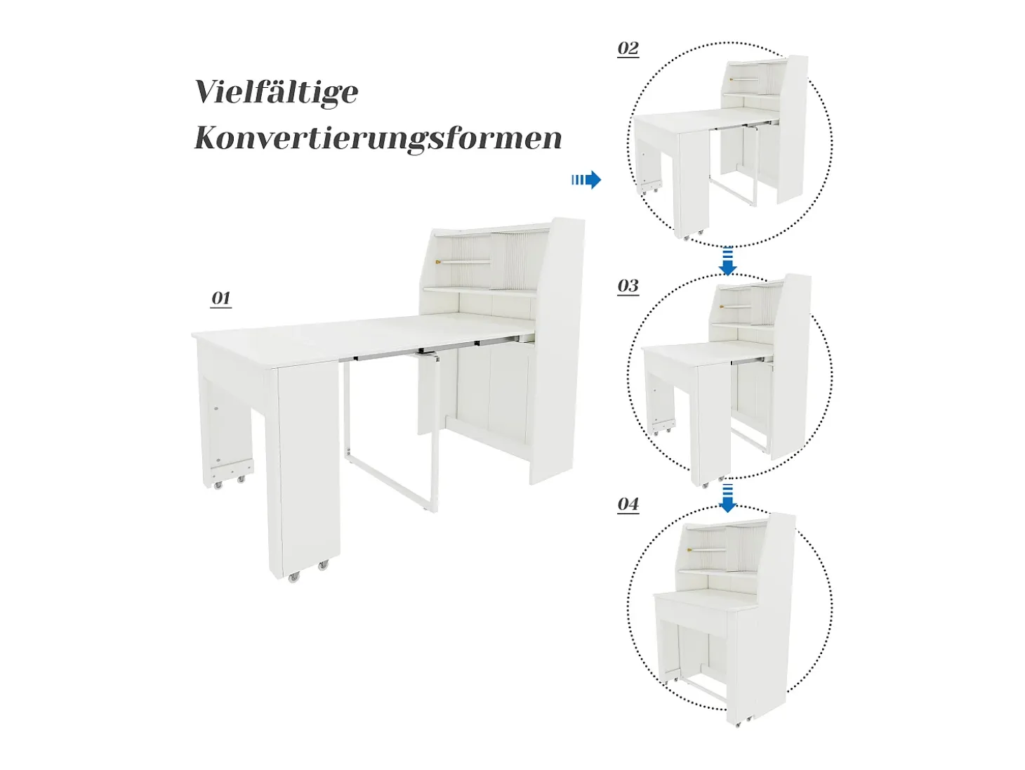 Mesa de comedor extensible para 4 a 6 cubiertos con armario - L52/132,5xB80xH76cm - Tablero de partículas - Blanco