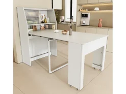 Mesa de comedor extensible para 4 a 6 cubiertos con armario - L52/132,5xB80xH76cm - Tablero de partículas - Blanco