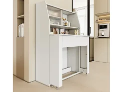 Mesa de comedor extensible para 4 a 6 cubiertos con armario - L52/132,5xB80xH76cm - Tablero de partículas - Blanco