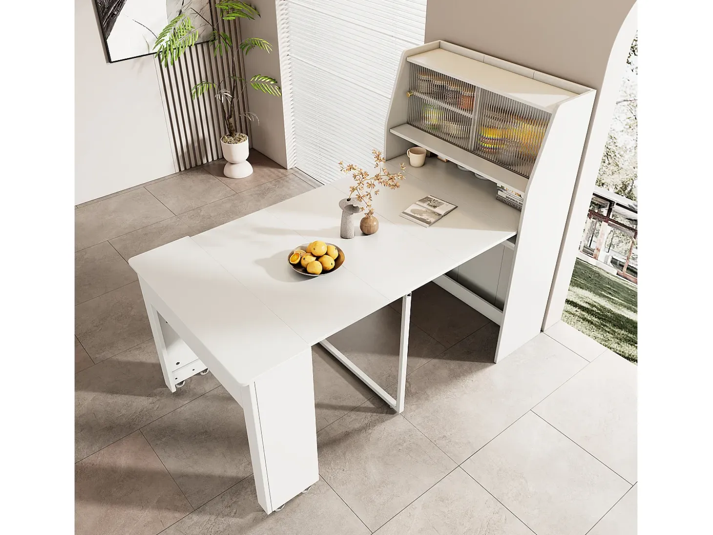 Mesa de comedor extensible para 4 a 6 cubiertos con armario - L52/132,5xB80xH76cm - Tablero de partículas - Blanco