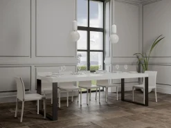Mesa de comedor extensible tiroz-Color Blanco-Soporte 4 pies-5 alargaderas finas-Ancho extensible