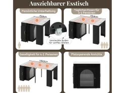 Mesa de comedor extensible con tablero extraíble - 83 x 39,6/79,6/149,6 x 77 cm - con almacenaje - MDF + cristal - negro + blanco