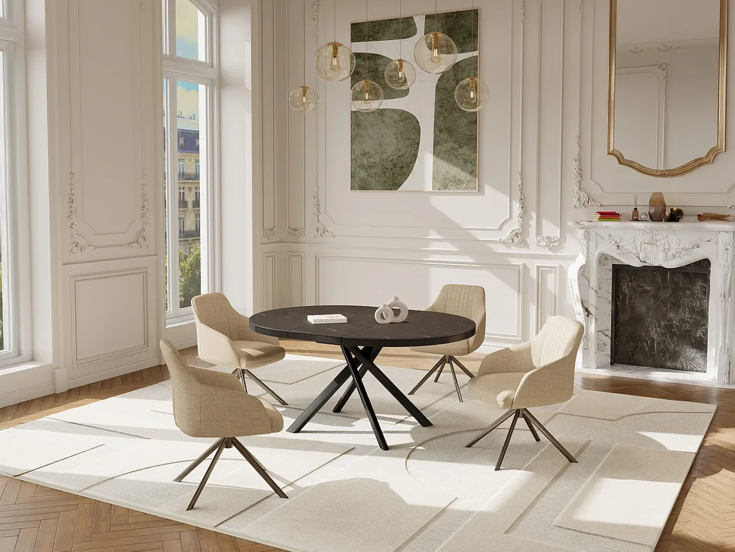 Mesa de comedor extensible para 4 a 6 personas en cerámica, MDF y metal - Efecto mármol marrón y gris - FEROLA