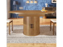 Mesa de comedor extensible, 118-158 cm, nogal, mesa de comedor redonda con espacio de almacenamiento