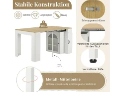 Mesa de comedor extensible con tablero extraíble - 83 x 39,6/79,6/149,6 x 77 cm - con almacenaje - MDF + cristal - natural + blanco