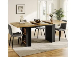 Mesa de comedor extensible con estantes - 120/160 x 80 x 75 cm - para 4 a 6 personas - almacenaje incluido - MDF - Natural claro