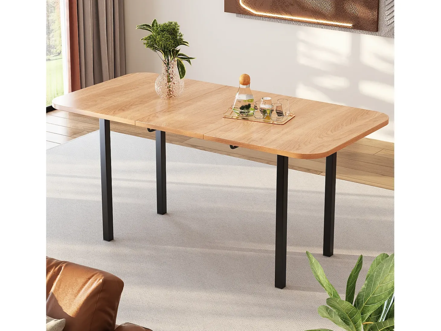 Mesa de comedor extensible, diseño moderno, MDF, acabado madera natural + patas de metal plateado, para 4-6 personas (L120-160 x P80 x H75 cm)