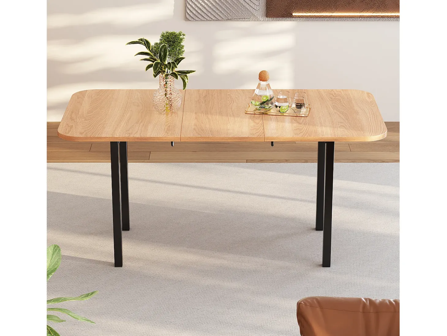 Mesa de comedor extensible, diseño moderno, MDF, acabado madera natural + patas de metal plateado, para 4-6 personas (L120-160 x P80 x H75 cm)