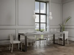 Mesa de comedor extensible tiroz-Color Gris cemento-Soporte 2 pies-5 alargaderas finas-Ancho extensible