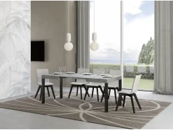 Mesa de comedor extensible Karry-Color Gris cemento-Base y soporte con ruedas-Ancho extensible