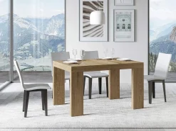 Mesa de comedor extensible de madera Ribo-Color Natural-Soporte 4 pies-5 alargaderas finas-Ancho extensible