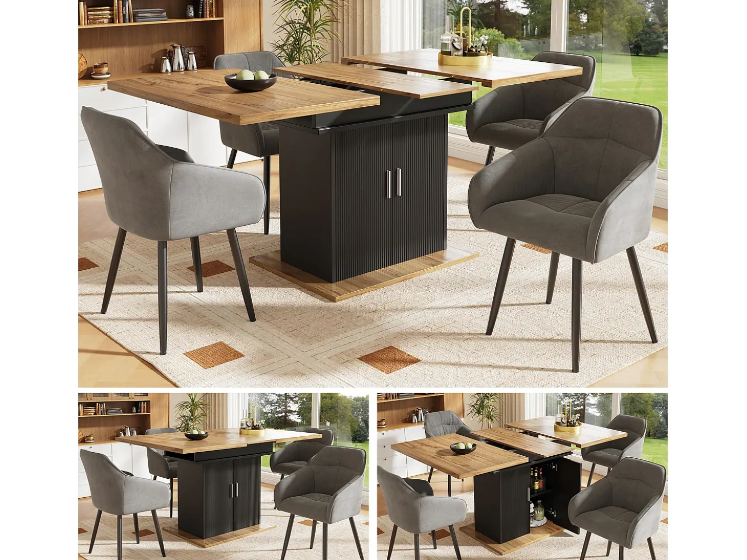 Mesa de comedor extensible negra - Mesa de comedor con 2 puertas - tablero de madera - almacenaje abierto