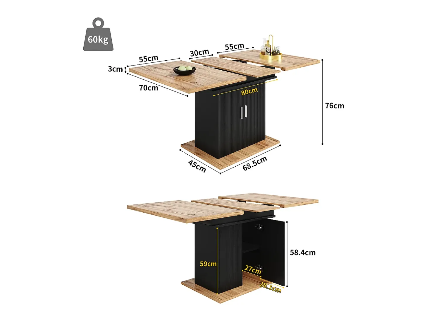 Mesa de comedor extensible negra - Mesa de comedor con 2 puertas - tablero de madera - almacenaje abierto
