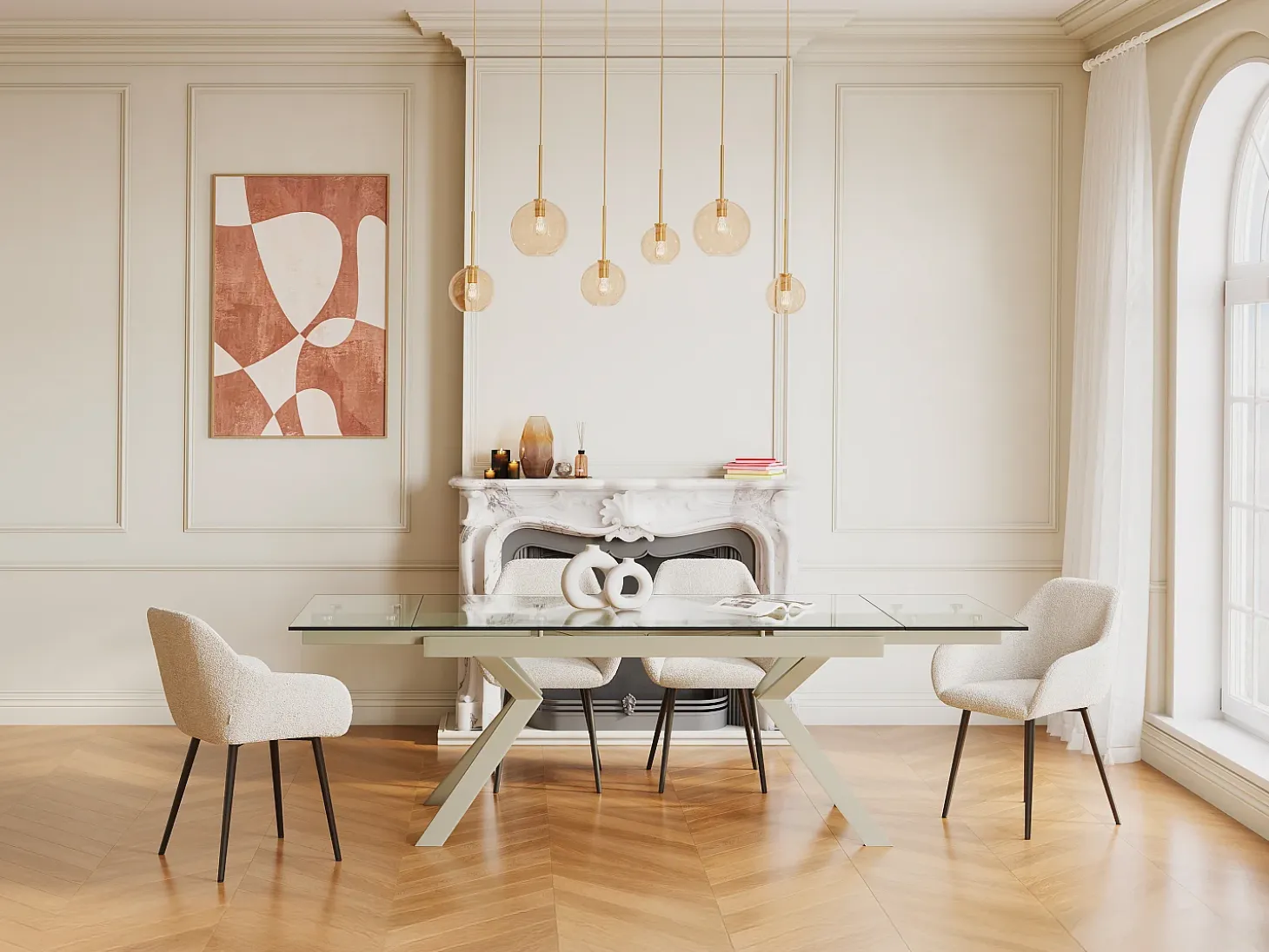 Mesa de comedor extensible en vidrio templado y de metal beige - Transparente - VELIKA