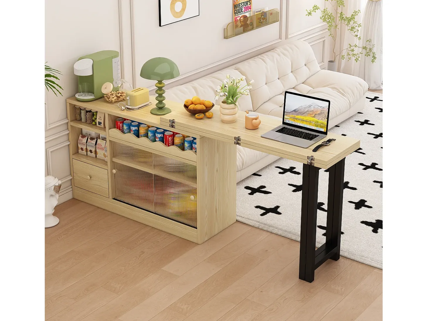 Mesa de comedor extensible con almacenaje, diseño moderno, MDF y metal, Natural y Negro (90x52,07x26,67 cm)
