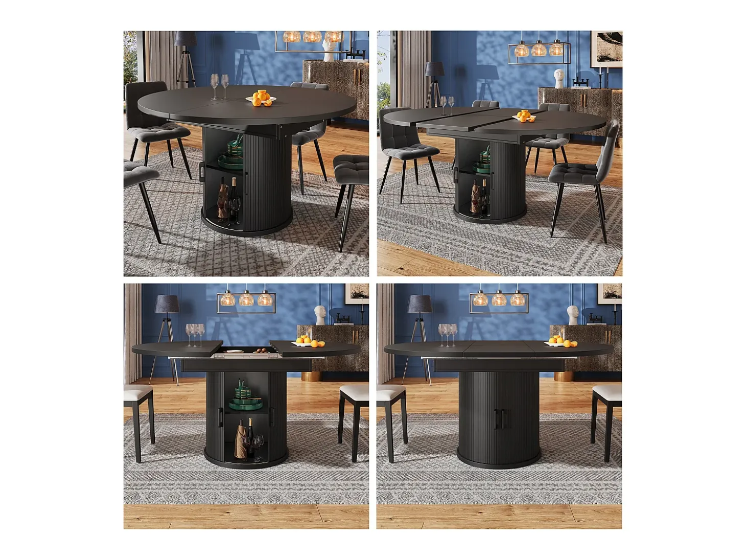 Mesa de comedor extensible, 118-158 cm, negra, mesa de comedor redonda con espacio de almacenamiento