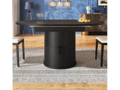 Mesa de comedor extensible, 118-158 cm, negra, mesa de comedor redonda con espacio de almacenamiento