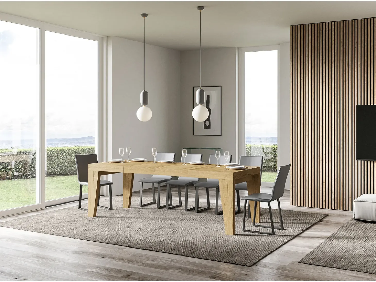 Mesa de comedor extensible de madera Naxo.-Color Natural-Soporte 2 pies-Alargaderas -Ancho extensible