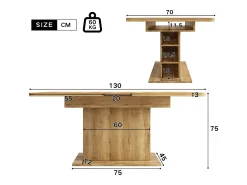 Mesa de comedor extensible para 4 a 6 personas con estantes de almacenamiento - 110/130 x 70 x 75 cm - Tablero de partículas - Natural