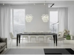 Mesa de comedor extensible Flavio-Color Gris cemento-Base y soporte con ruedas-5 alargaderas finas-Ancho extensible