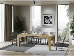 Mesa de comedor extensible de madera Kristo patas en V-Color Natural-Base y soporte con ruedas-5 alargaderas finas-Ancho extensible