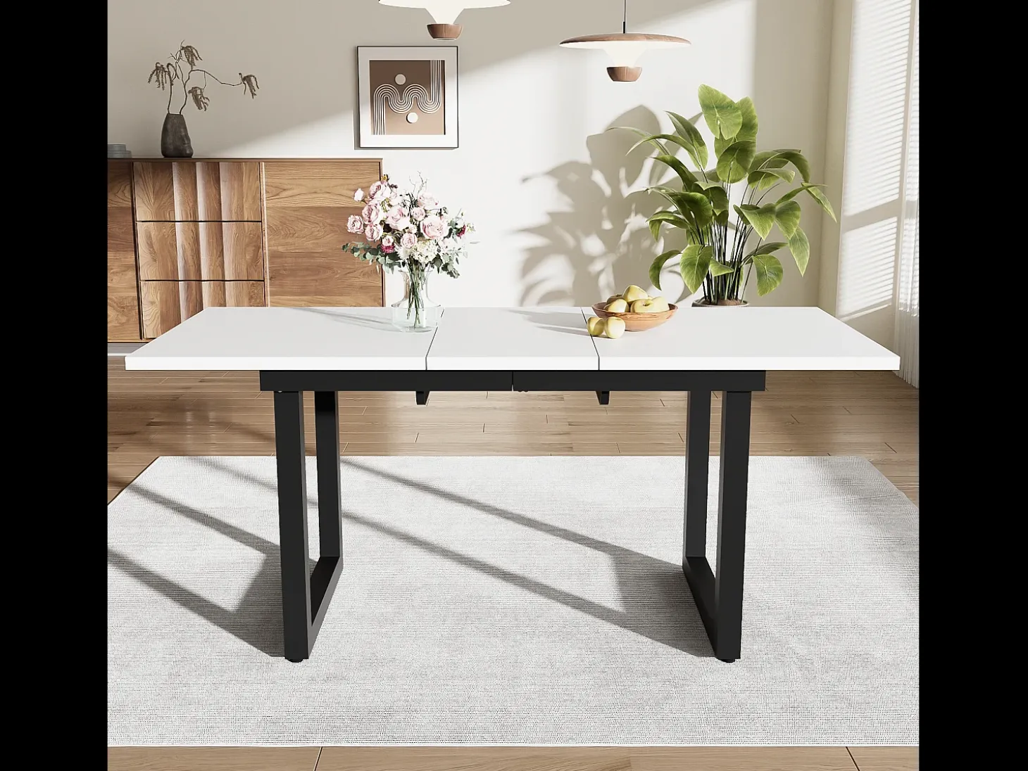 Mesa de comedor extensible, diseño industrial, robusta, fabricada en MDF, estructura de metal, estilo moderno, color blanco y negro (140/180x80x75 cm)