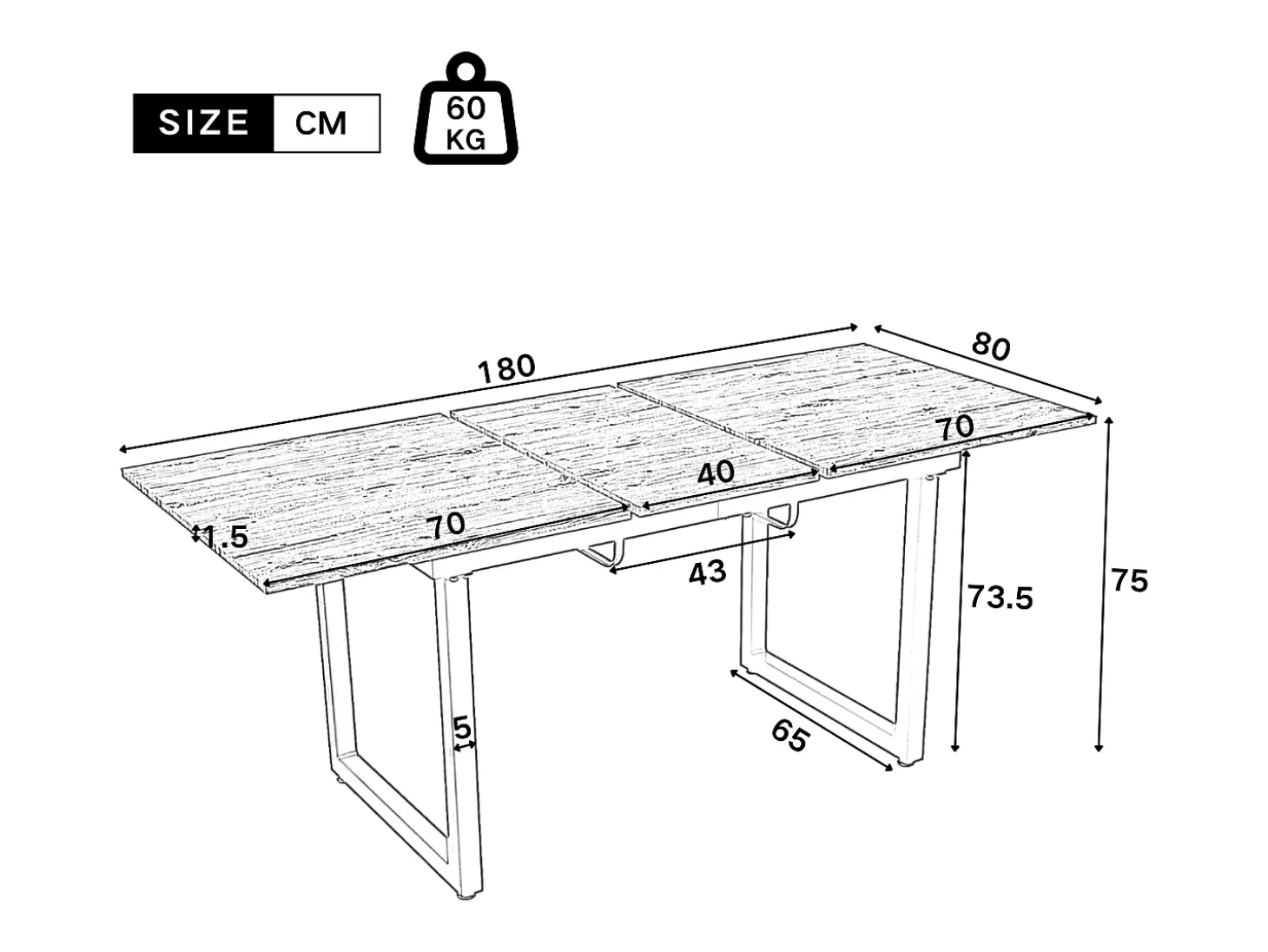 Mesa de comedor extensible, diseño industrial, robusta, fabricada en MDF, estructura de metal, estilo moderno, color blanco y negro (140/180x80x75 cm)
