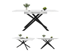 Mesa de comedor extensible para 6-8 personas 160x80cm en MDF con patas cruzadas, chapa de mármol blanco con pata negra