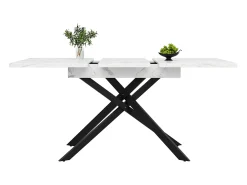 Mesa de comedor extensible para 6-8 personas 160x80cm en MDF con patas cruzadas, chapa de mármol blanco con pata negra