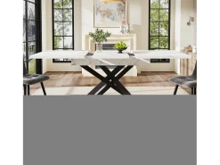 Mesa de comedor extensible para 6-8 personas 160x80cm en MDF con patas cruzadas, chapa de mármol blanco con pata negra