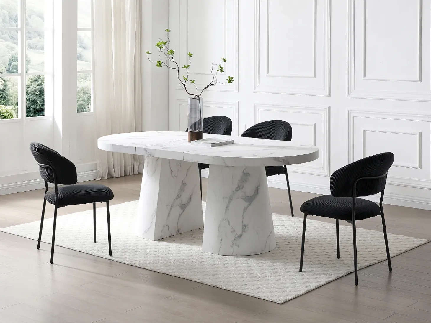 Mesa de comedor extensible de 6 a 12 personas en MDF - Efecto mármol blanco - CLOEVA