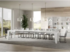 Mesa de comedor extensible de madera Naxo.-Color Blanco-Base y soporte con ruedas-5 alargaderas finas-Ancho extensible