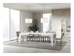 Mesa de comedor extensible de madera Naxo.-Color Blanco-Soporte 2 pies-5 alargaderas finas-Ancho extensible