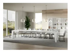 Mesa de comedor extensible de madera Naxo.-Color Blanco-Soporte 2 pies-5 alargaderas finas-Ancho extensible