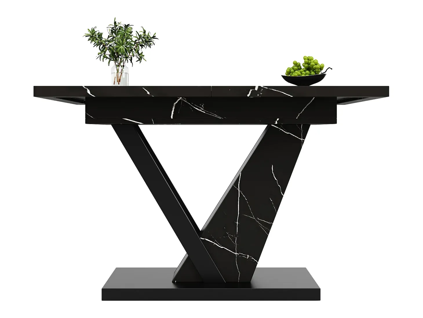 Mesa de comedor extensible (120-160×75×75,5 cm), MDF+Metal, con estampado de mármol negro