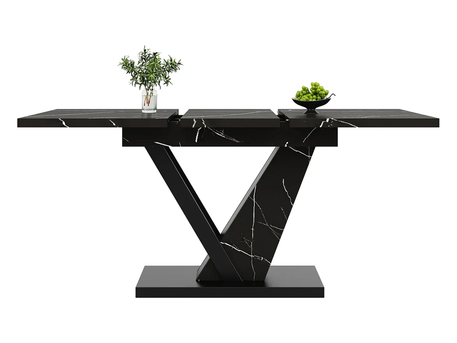 Mesa de comedor extensible (120-160×75×75,5 cm), MDF+Metal, con estampado de mármol negro