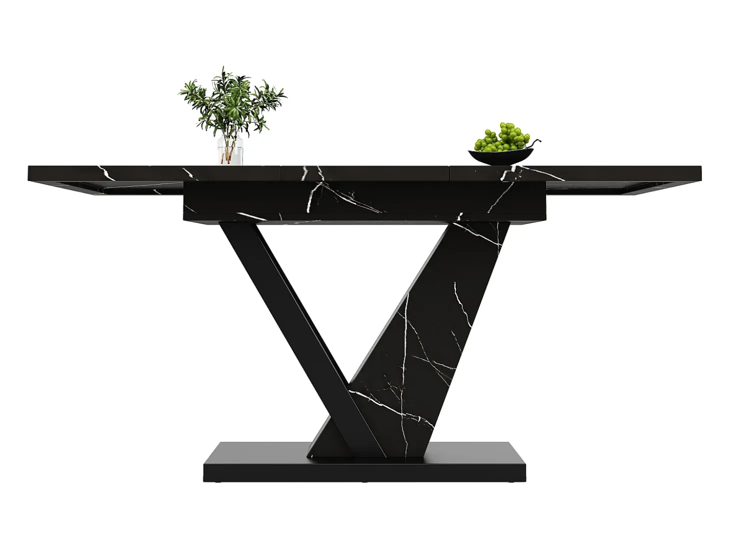 Mesa de comedor extensible (120-160×75×75,5 cm), MDF+Metal, con estampado de mármol negro