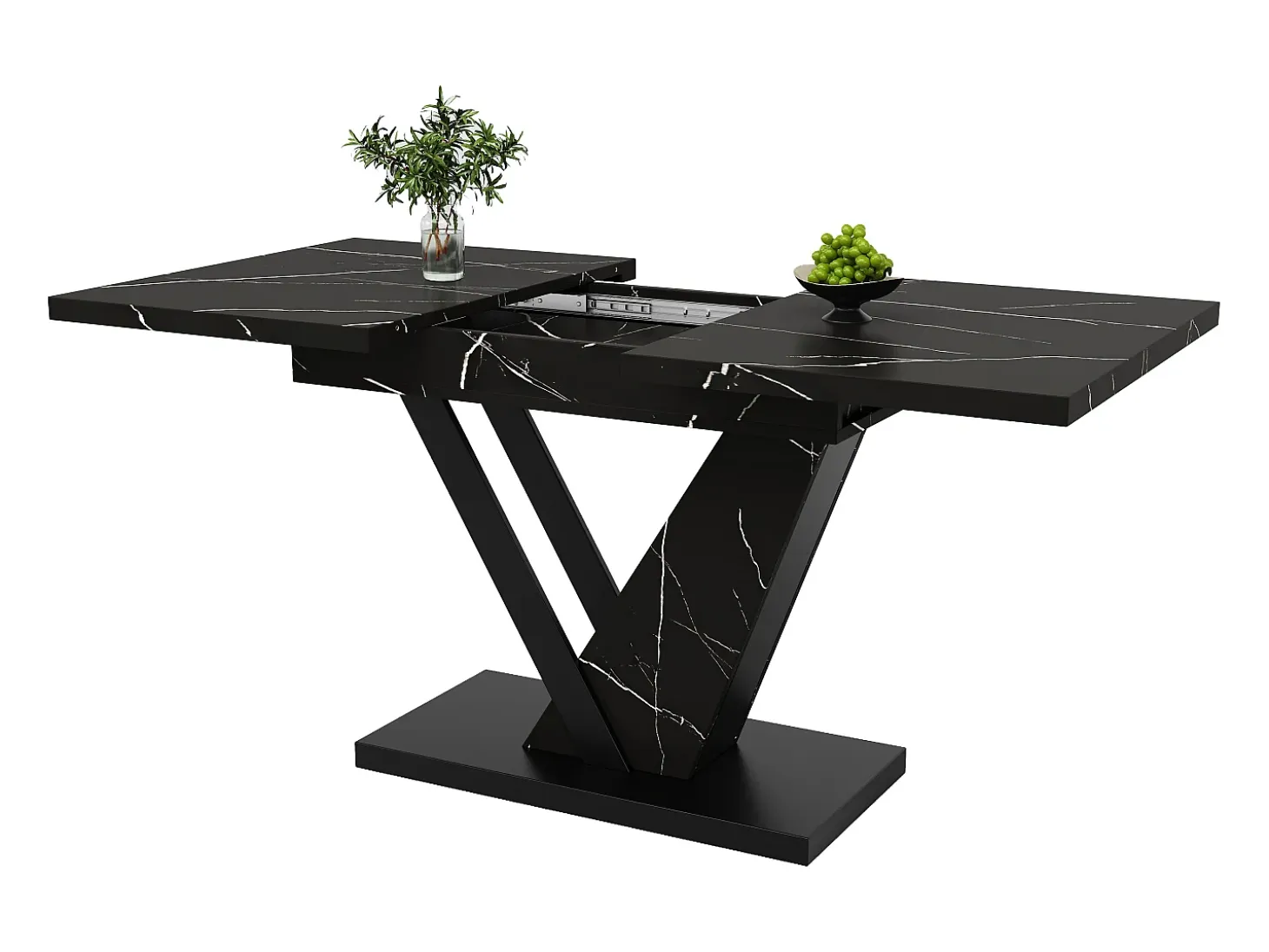 Mesa de comedor extensible (120-160×75×75,5 cm), MDF+Metal, con estampado de mármol negro