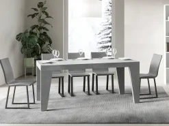 Mesa de comedor extensible de madera Naxo.-Color Gris cemento-Soporte 2 pies-5 alargaderas finas-Ancho extensible