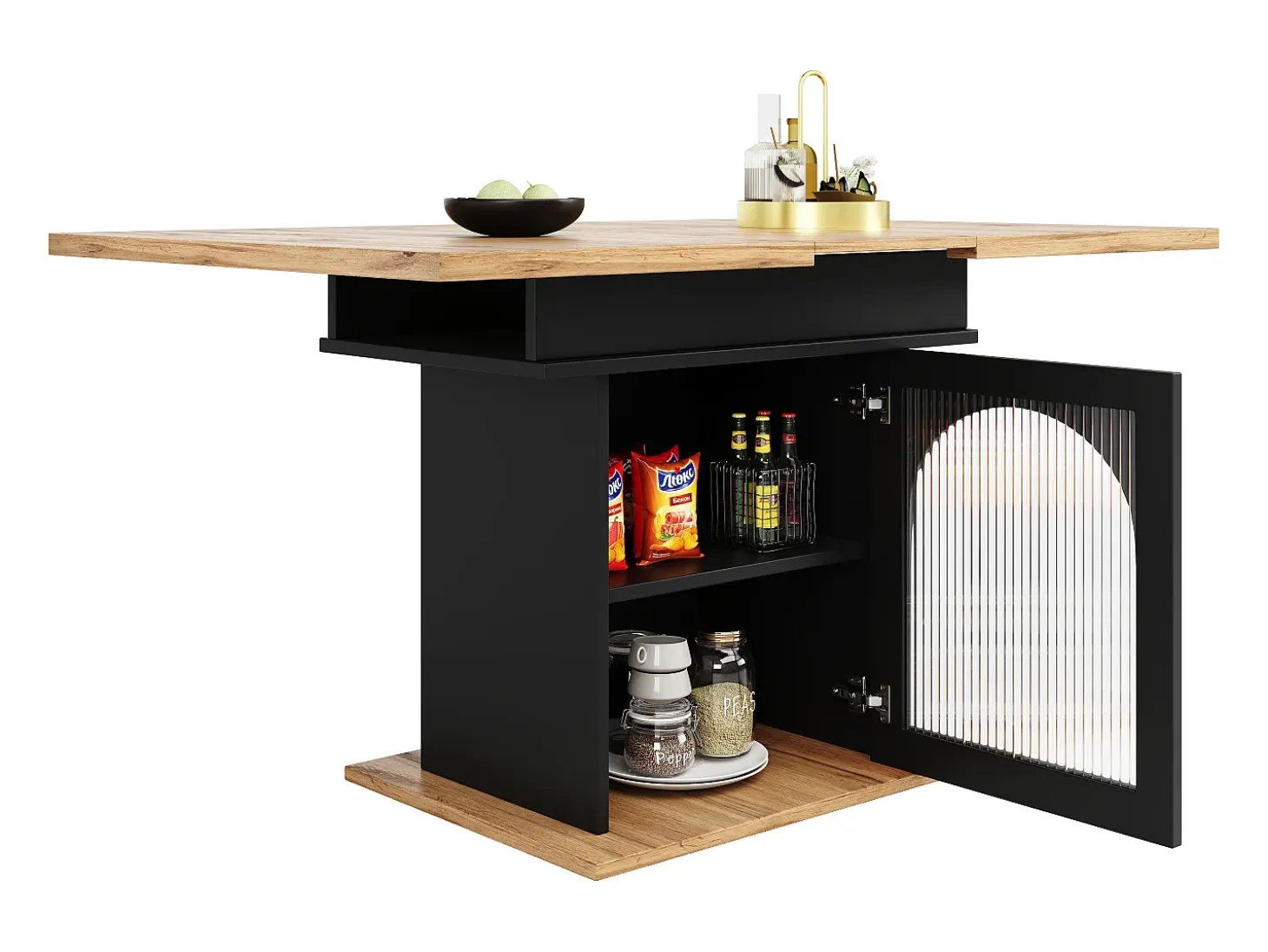 Mesa de comedor extensible en color blanco - Mesa de comedor con tres compartimentos de almacenamiento y puertas de cristal