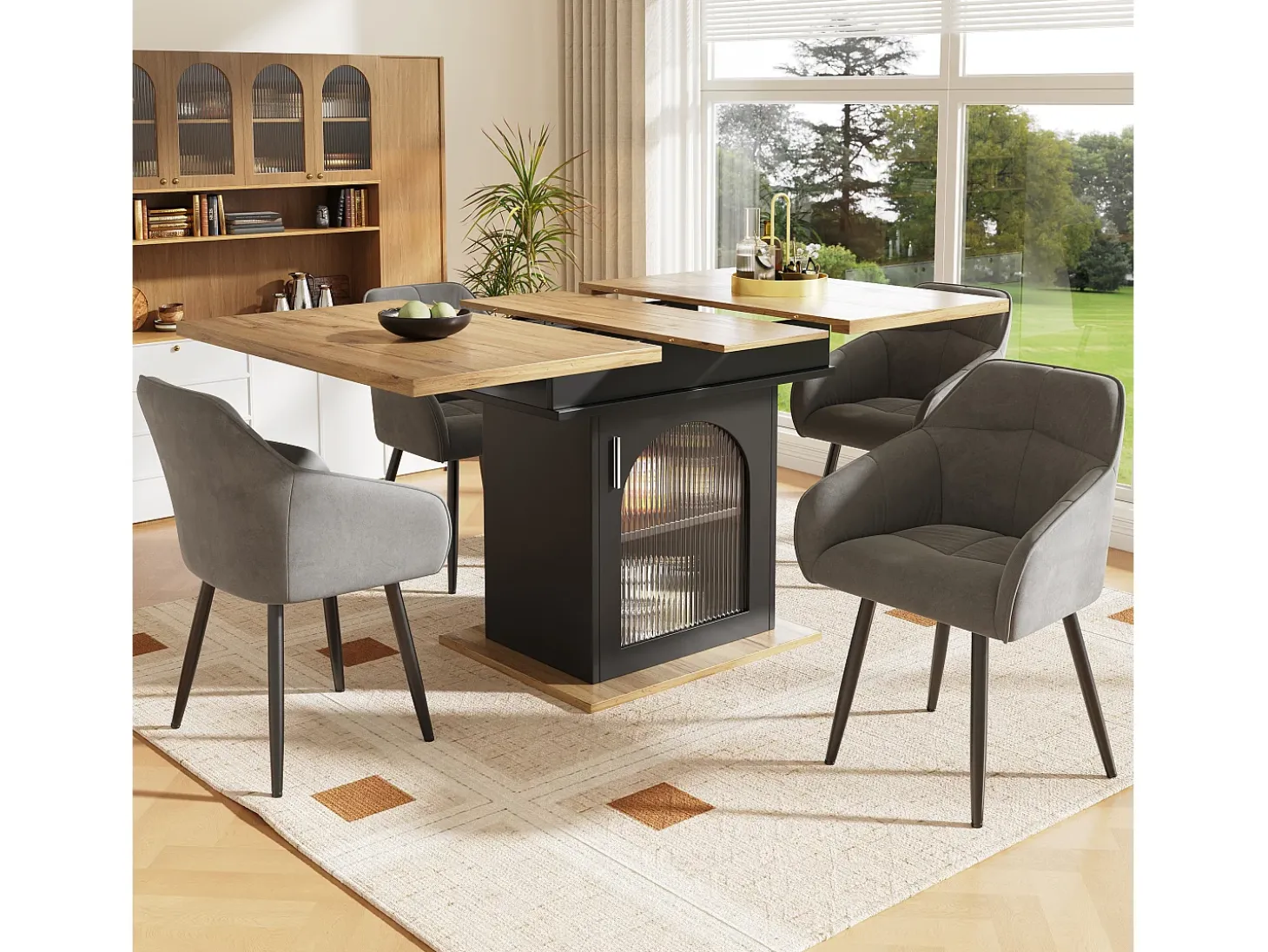 Mesa de comedor extensible en color blanco - Mesa de comedor con tres compartimentos de almacenamiento y puertas de cristal